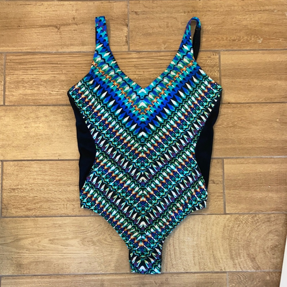 Aqua Green geometric illusion one piece swimsuit